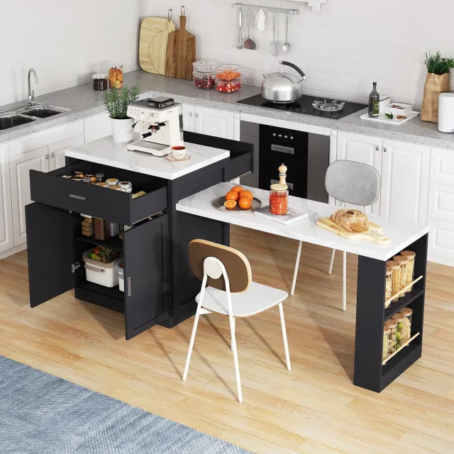 Sweiko Uitschuifbare Eettafel - Dressoir - Keukenkast - Met stopcontact - 2 lades - Marmerlook - Zwart + Wit