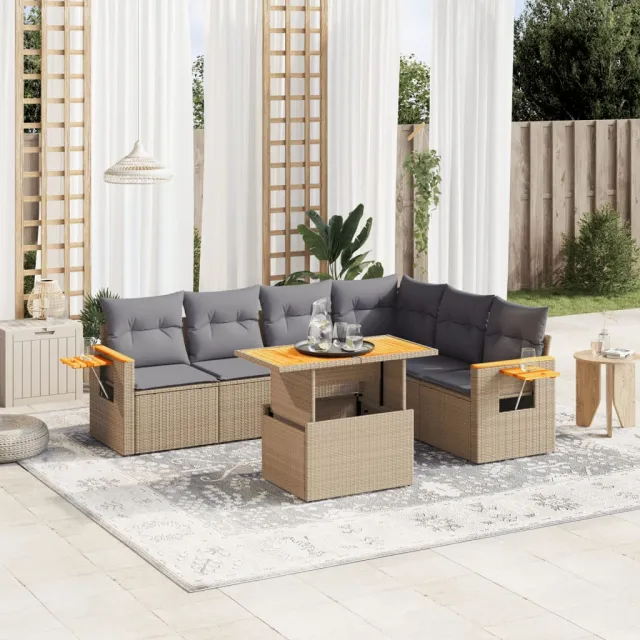 vidaXL 7-delige Loungeset met kussens poly rattan beige, foto 2