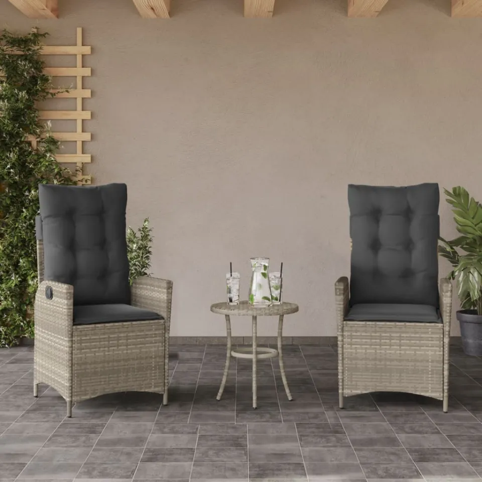 vidaXL 3-delige Bistroset met kussens poly rattan lichtgrijs grijs, foto 2