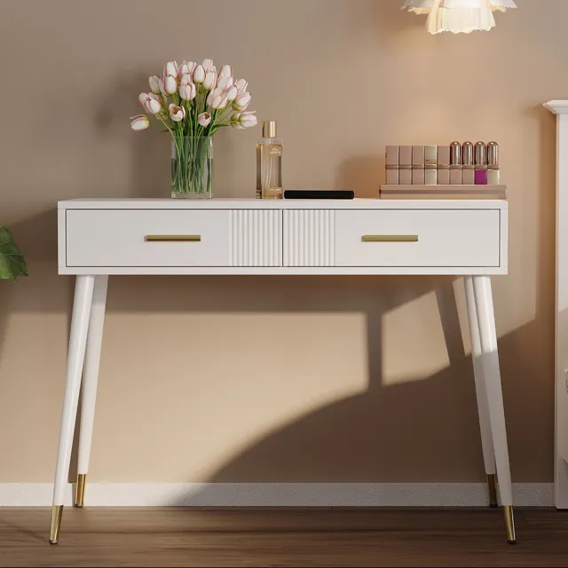 Pugsdrly Kaptafel, make-uptafel, bureau met 2 lades, metalen poten, wit, afmetingen: H 76 cm × B 100 cm × D 40 cm (zonder spiegel)