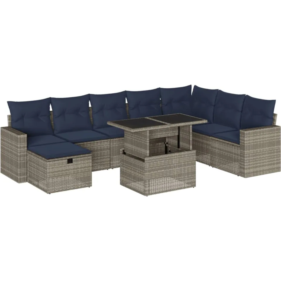 vidaXL 9-delige tuinbankset met kussens, grijs polyrotan, foto 3