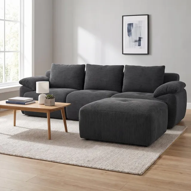 Mofor Modulaire hoekbank 264 cm met hocker – 3-zitsbank L-vormig van zachte ribstof – Zonder montage - donkergrijs