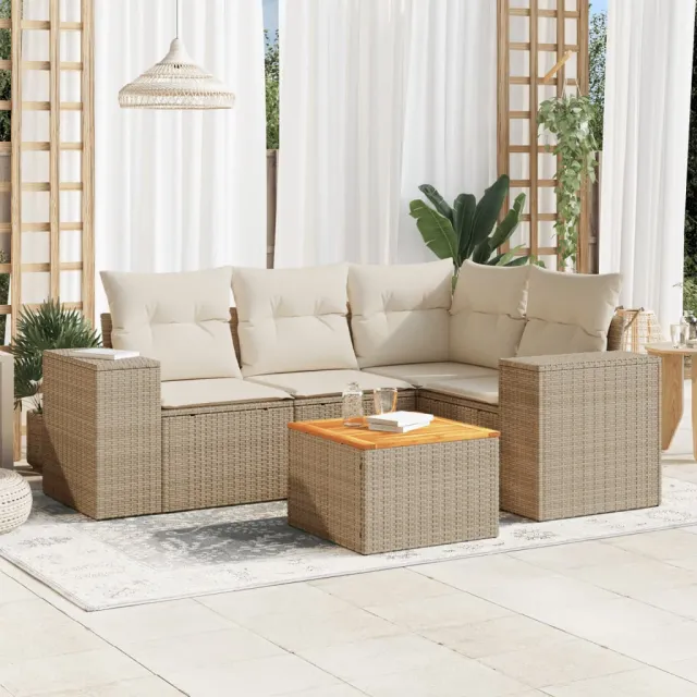 vidaXL 5-delige Loungeset met kussens poly rattan beige, foto 2