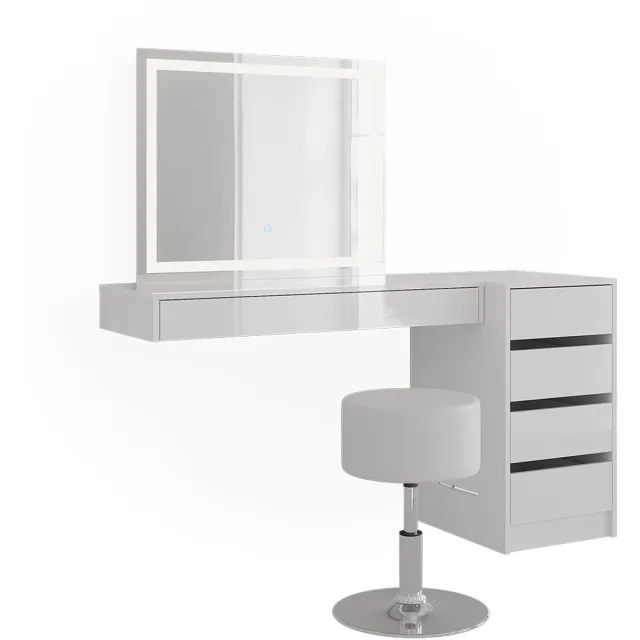 Vicco Kaptafel set met kruk Sherry, Wit, 140.2 cm met LED-spiegel, kruk en ladekast