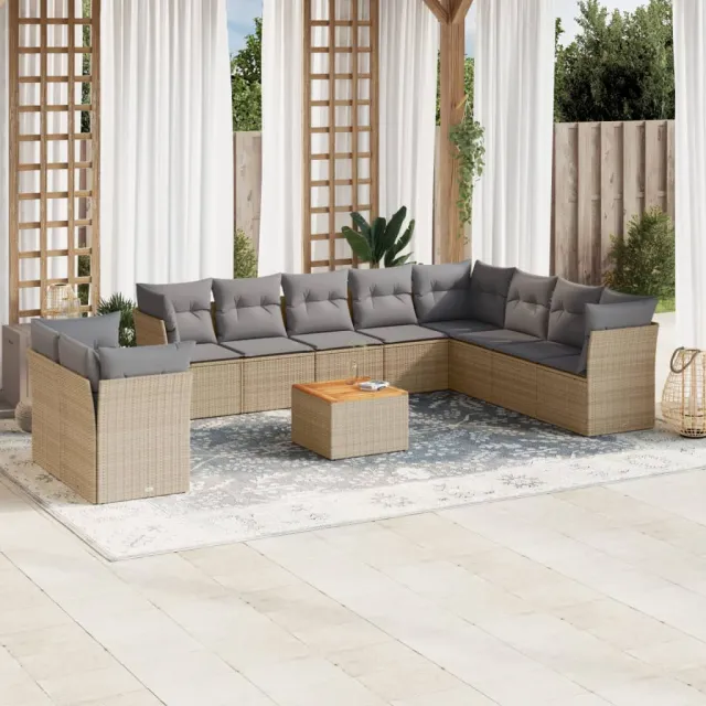vidaXL 11-delige Tuinset met kussens poly rattan beige, foto 2