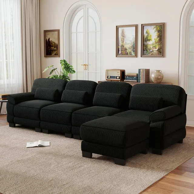 OKWISH Hoekbank 336 x 161 x 94 cm - 4-Zits Modulaire Bank met Hocker - Flexibel in L- of U-Vorm - Woonkamer - Ribstof - Zwart