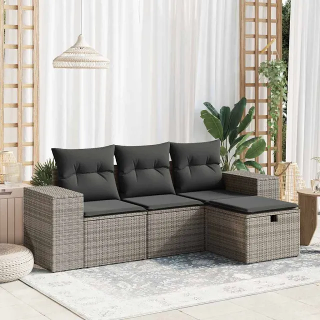 vidaXL 4-delige Loungeset met kussens poly rattan grijs, foto 2