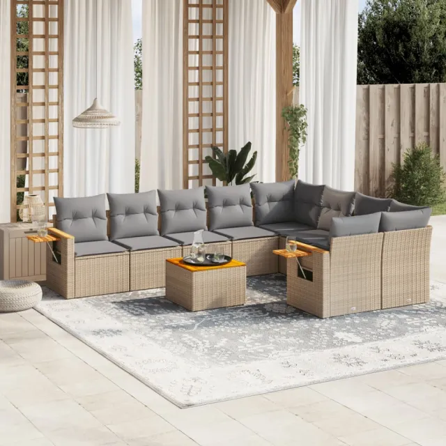 vidaXL 10-delige Loungeset met kussens poly rattan beige, foto 2