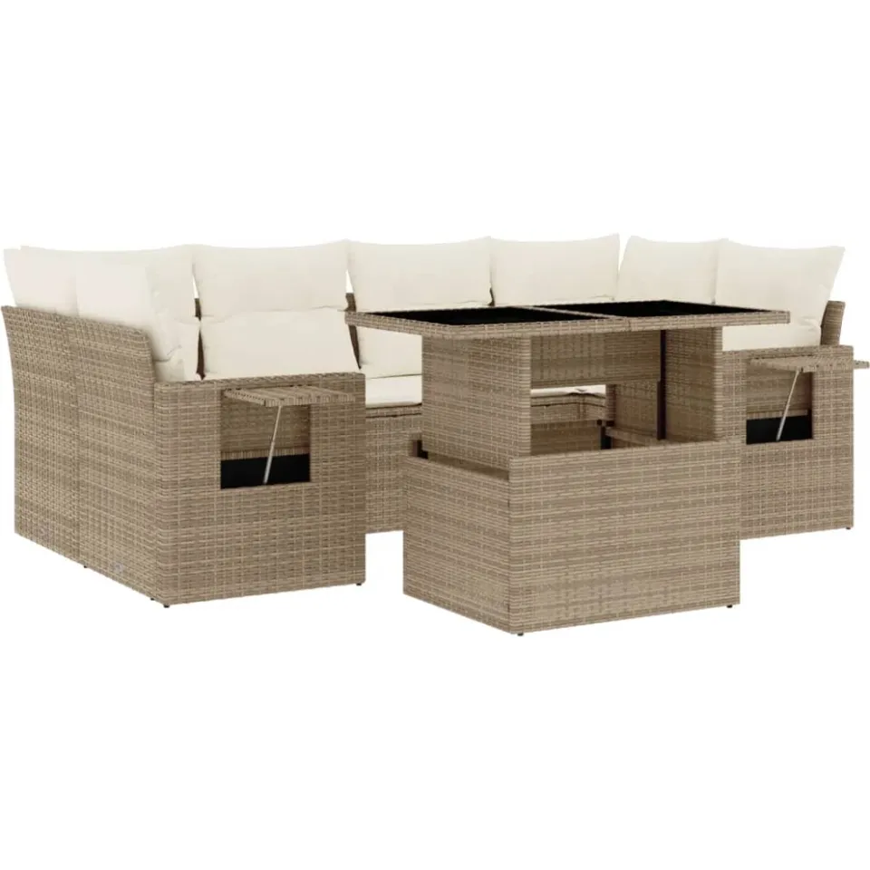 vidaXL 7-delige Loungeset met kussens poly rattan beige, foto 3