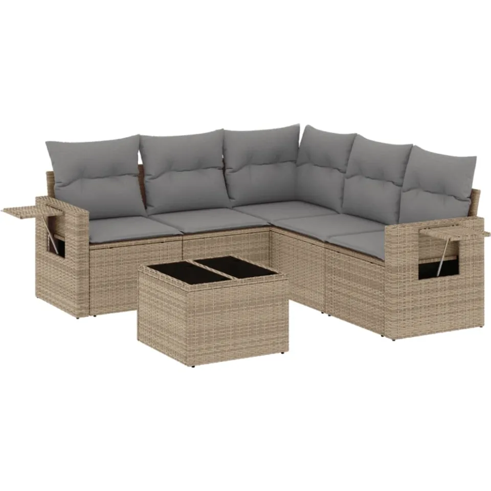vidaXL 6-delige Loungeset met kussens poly rattan beige, foto 3