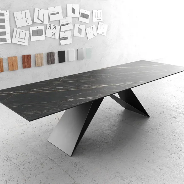 DELIFE Eettafel Edge Laminam® keramiek bruin 300x100cm V-middenvoet zwart