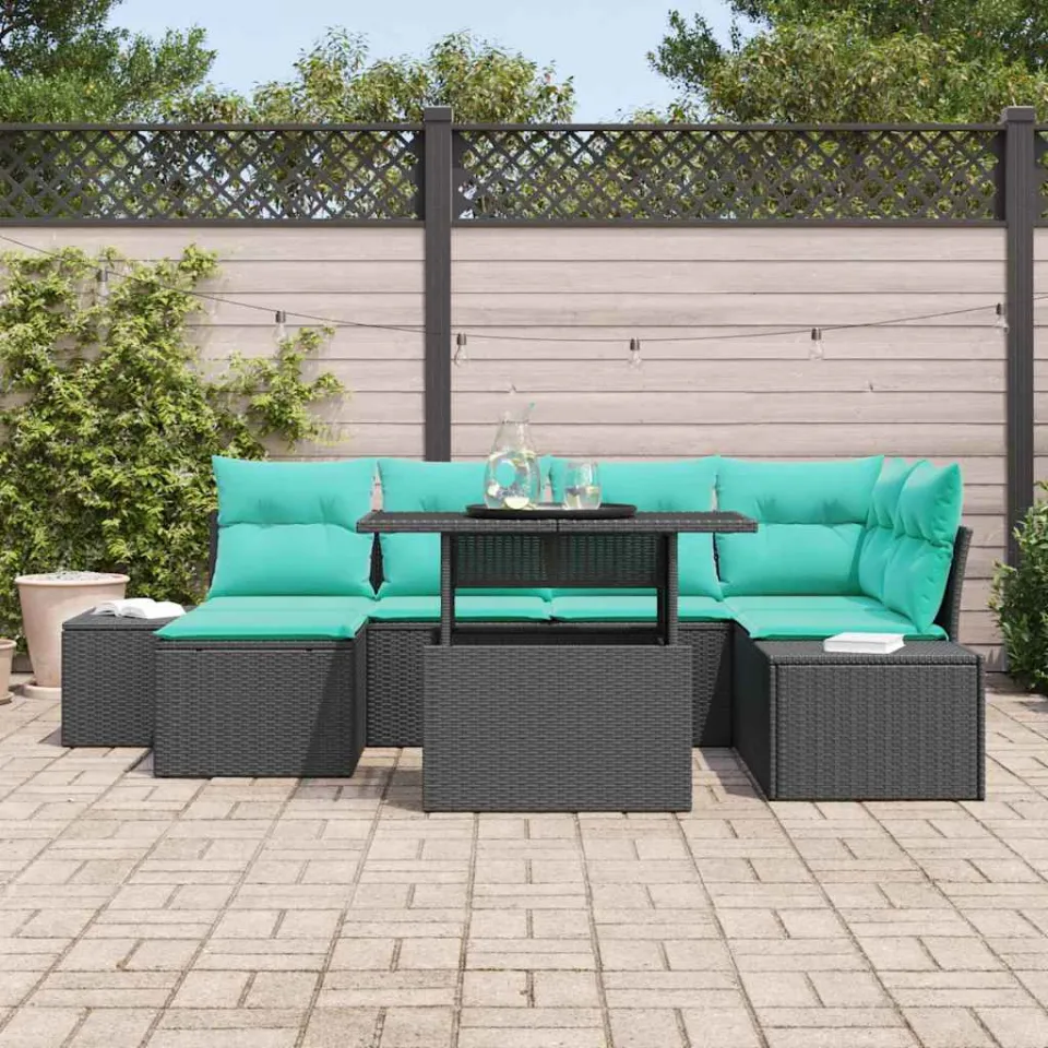 vidaXL Tuin Sofa Set 7 st Zwart en Blauw poly rattan, foto 3