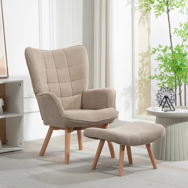 MIVRAY Fauteuil Met Hocker 80 x 72 x 101 cm - Hoge Rugleuning en Zachte Bekleding - Voor de Woonkamer - Polyester en Hout - Khaki