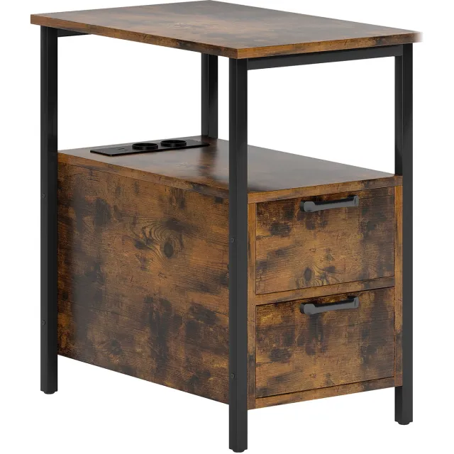 Homona Bijzettafel met oplaadstation - Met 2 lades en open vak - 55 x 35 x 58,5 cm - Rustiek bruin