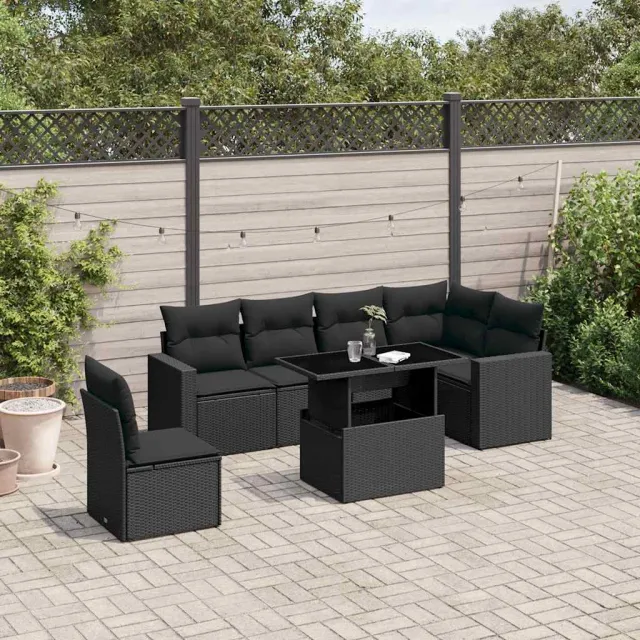 vidaXL 7-delige Loungeset met kussens poly rattan zwart, foto 2