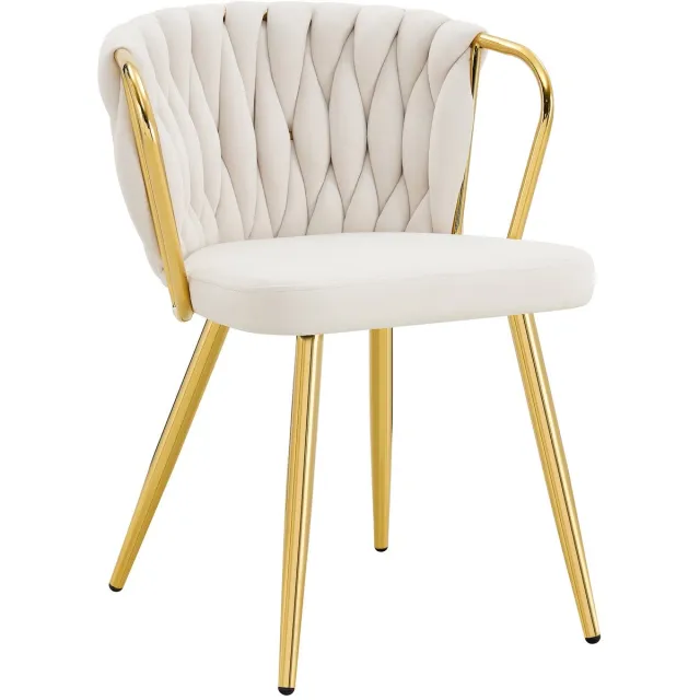 Merax Luxe Eetkamerstoel met Samtbekleding - Gestoffeerde Stoel met Gevlochten Rugleuning en Gouden Metalen Poten - Moderne Dining Chair voor Eetkamer en Woonkamer - Crème/Goud Beige