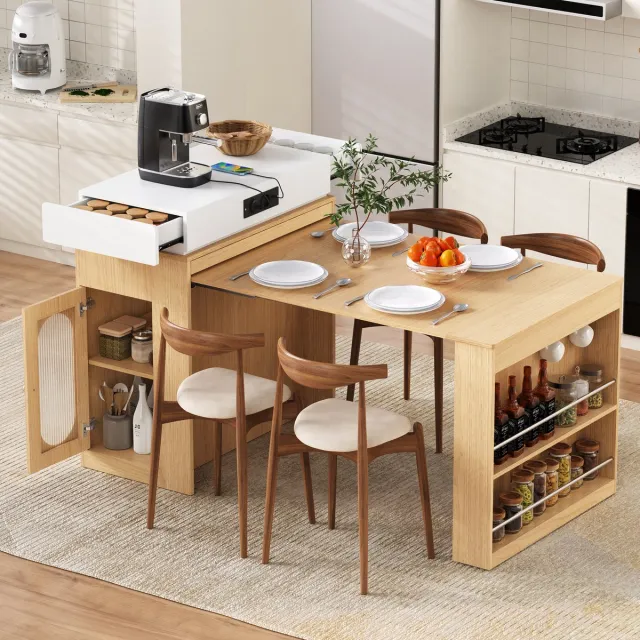 MEUNIQ uitklapbare eettafel / keukeninsel met wielen, opklapbare tafelplaat, stopcontacten, haken en opbergruimte, natuurlook, 3-4 personen Natural