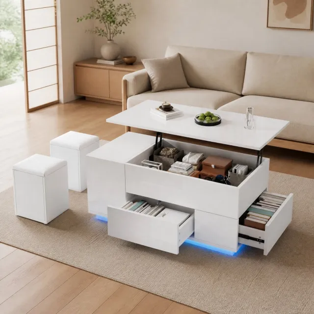 MEUNIQ Hoogteverstelbare salontafel 100 x 50 x 45 cm met LED, 2 lades, verborgen opbergruimte en 2 hockers voor woonkamer, wit hoogglans