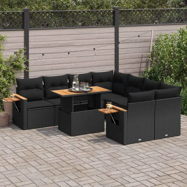vidaXL 9-delige Loungeset met kussens poly rattan acacia zwart, foto 2