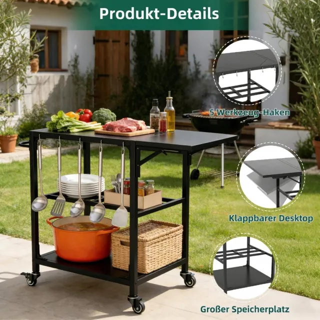 MIVRAY Grilltafel – Verrijdbare Werktafel voor Kamado Barbecue – 110,2 x 70,1 x 76,2 cm – Metaal – Zwart – Met Opklapbaar Blad en Opbergrek
