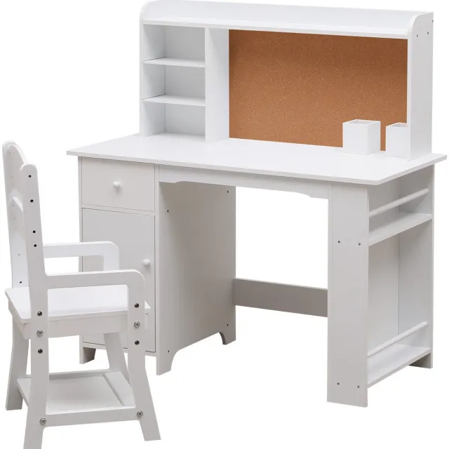 Triumpunpre Complete Kinderbureau Set met Stoel, Inclusief Boekenplank en Lades - Wit - 96x41x100cm