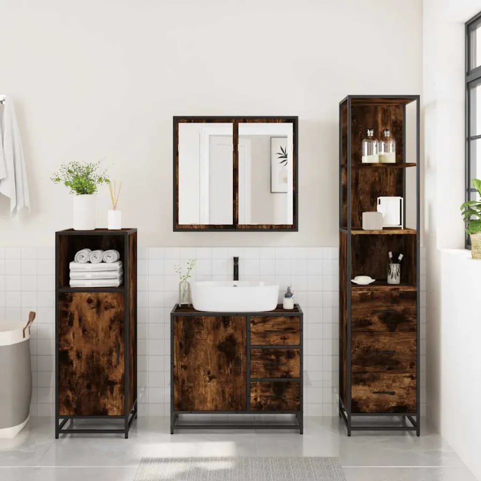 vidaXL 3-delige Badkamermeubelset bewerkt hout gerookt eikenkleurig, foto 4