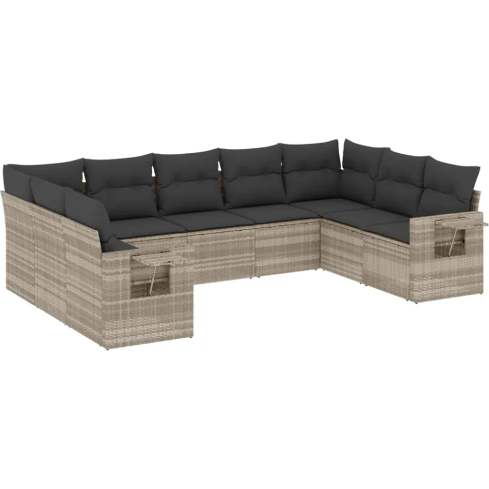 vidaXL 9-delige Loungeset met kussens poly rattan lichtgrijs grijs, foto 3