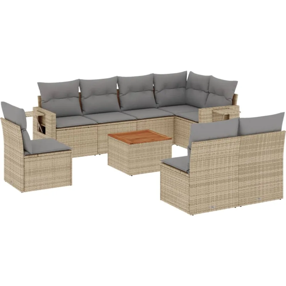 vidaXL 9-delige Loungeset met kussens poly rattan gemengd beige, foto 3
