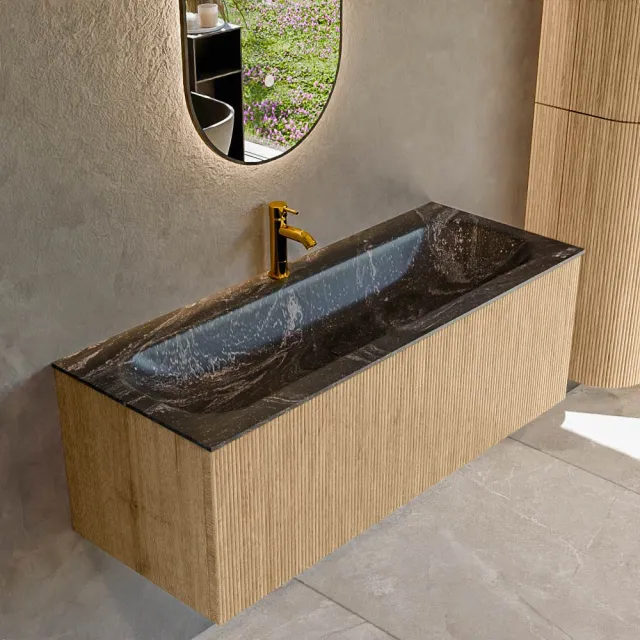 Mondiaz KURVE-DLUX 120 cm Onderkast Greeploos 1 Lade Zonder Deuren Oak, Wastafel Solid Surface Volledig Lava 1 Kraangat Zonder Spiegel (KRVBGL1201L0D1KM-Oak/Lav)