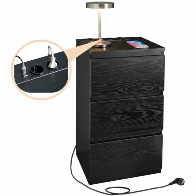 Casamoda Nachtkastje - H55 x B40 x D35 cm - 3 Lades - Stopcontact en USB - Draagkracht 45 kg - Moderne Bijzettafel - Zwart