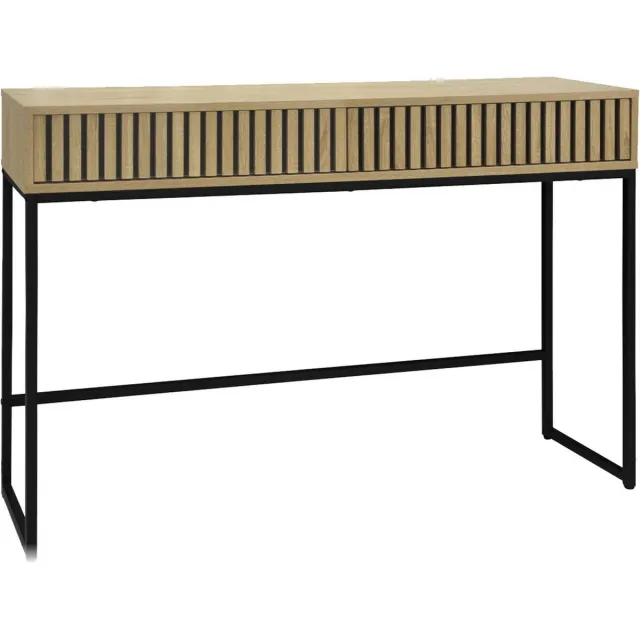 sweeek Eigentijdse sidetable met 2 laden in gegroefd houtdecor, zwart metalen structuur en basis Naturel