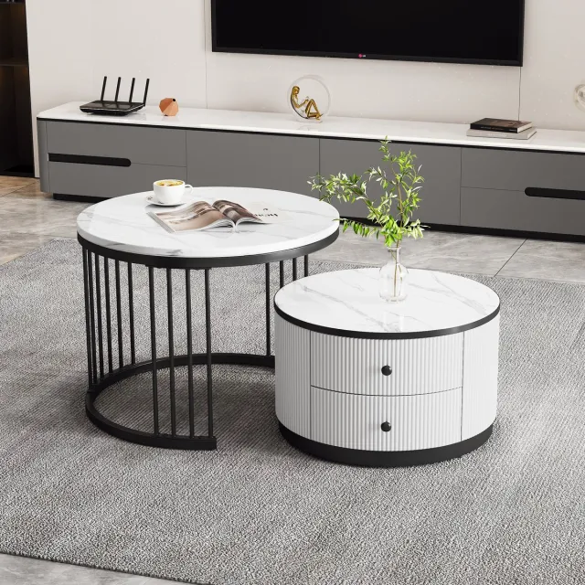 Ropilly Salontafel set wit marmerlook - Ronde salontafel set van 2 - Nesting salontafel met lades - MDF - Woonkamer Wit+zwart