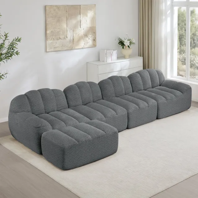 OKWISH Hoekbank 4-Zits - Modulair Met Ottoman En Diepe Zitting - Voor Woonkamer En Appartement - Corduroy - Grijs