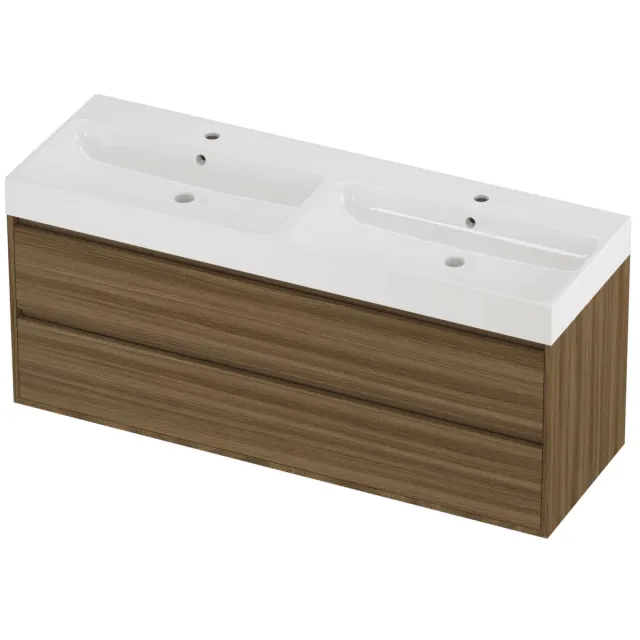 Proline Podium Badmeubelset Polystone Loft 2 Gaten 140x46x62 cm Glans Wit Caramel Walnut Houtlook