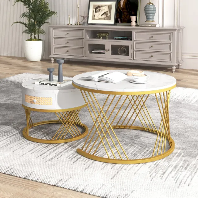 MODENUIT Salontafelset - 2 Ronde Tafels Met Lade - Voor Woonkamer En Balkon - MDF En Metaal - Wit 70x70x45,5 Cm