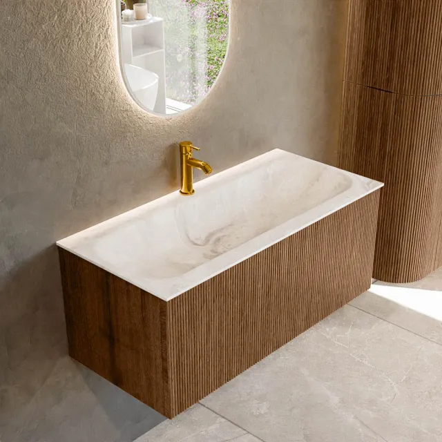 Mondiaz KURVE-DLUX 100 cm Onderkast Greeploos 1 Lade Zonder Deuren Walnut, Wastafel Solid Surface Volledig Frappe 1 Kraangat Zonder Spiegel (KRVBGM1001L0D1KM-Wal/Fra)
