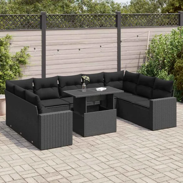 vidaXL 10-delige Loungeset met kussens poly rattan zwart, foto 2