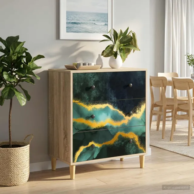 vidaXL Ladekast WIJHE Teal marmerprint 66 x 36,5 x 75 cm Bewerkt hout Bruin