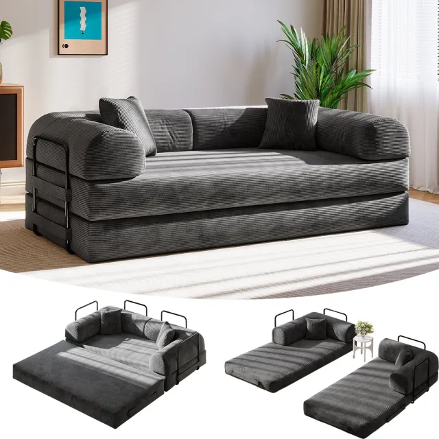 Mihtrov Slaapbank 2 zits - 5-in-1 Opvouwbare Zitbank - Tweezits Slaapbank - 200L x 91B (182B) x 68H cm - Modulaire Futon Bank - Corduroy - Uitschuifbare Loveseat Slaapbank voor Woonkamer, Kantoor of Appartement - Donkergrijs