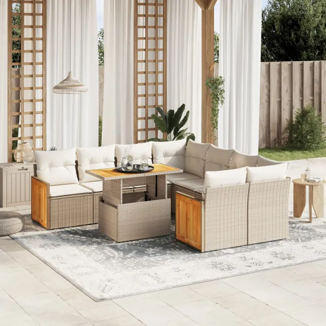 vidaXL 9-delige Loungeset met kussens poly rattan beige, foto 2