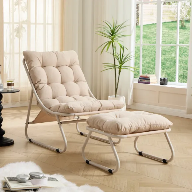 DESMIU Fauteuil Met Hocker - Comfortabele Loungefauteuil Met Dik Kussen - Voor Woonkamer, Slaapkamer En Leeshoek - Metaal En Stof - Beige