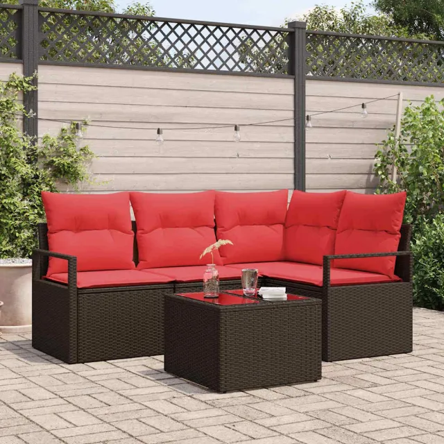 vidaXL Tuinbankenset 5 st Bruin en Rood poly rattan, foto 2