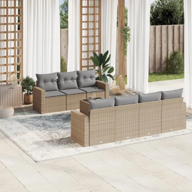 vidaXL 8-delige Loungeset met kussens poly rattan beige, foto 2