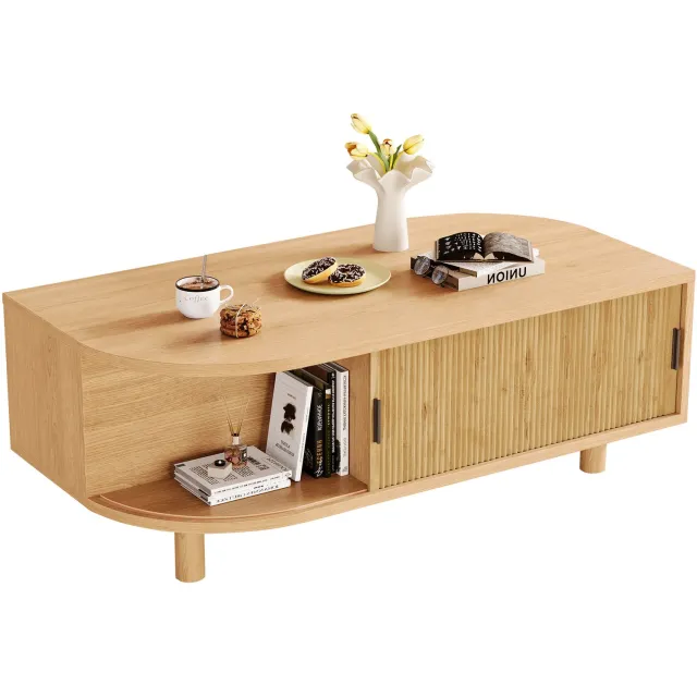 REDOM Salontafel 100x50x35 cm - 2 roldeuren en opbergruimte - Naturel Naturel houtkleur
