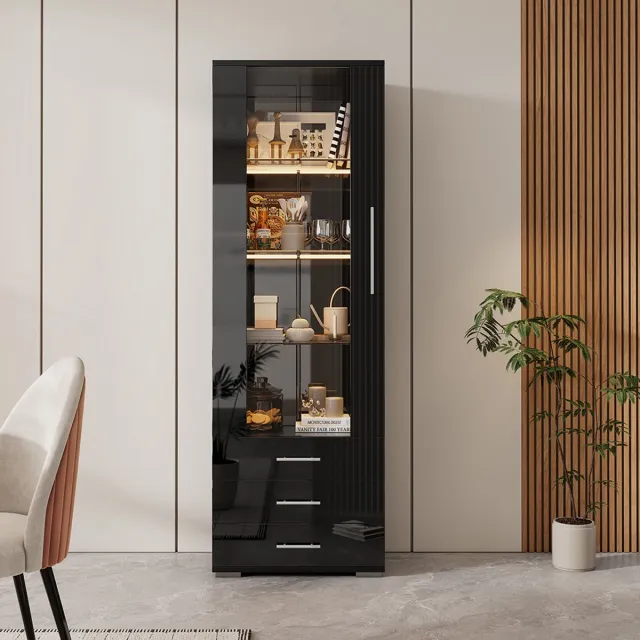Pugsdrly Hoogglans zwarte vitrinekast, vitrinekast van glas, vitrinekast op sokkel met LED-verlichting, verticale vitrinekast met 3 laden, 60*35*180 cm