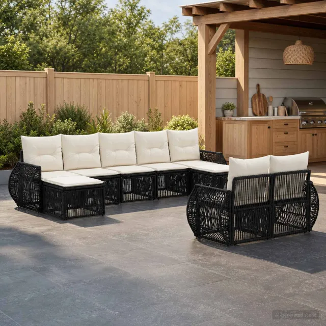 vidaXL Tuinbankenset 9 st 9-zits Zwart en Cream Wit poly rattan
