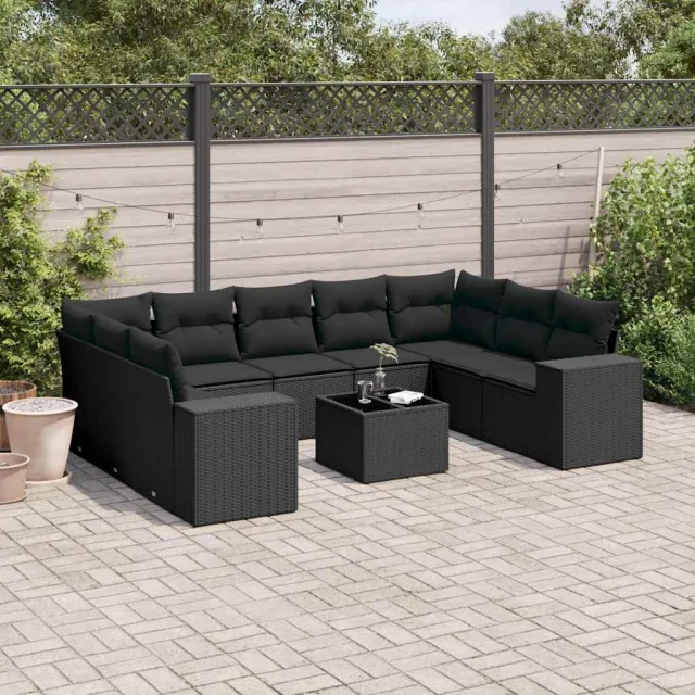 vidaXL 10-delige Loungeset met kussens poly rattan zwart, foto 2