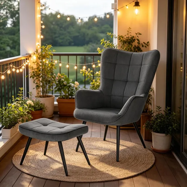 MODFU Fauteuil Met Hocker - Gestoffeerd - Modern - Corduroy En Metaal - Donkergrijs