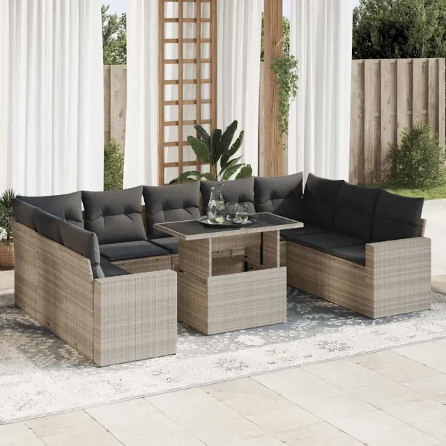 vidaXL 10-delige Loungeset met kussens poly rattan lichtgrijs grijs, foto 2