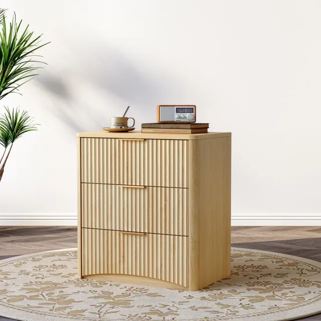 Clruro Nachtkastje - Met 3 Laden - Klassiek Kastje met Rillendesign en Metalen Grepen - Hout - Eiken